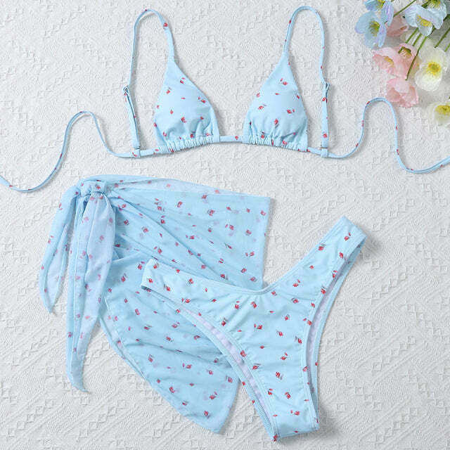 Floral Print 3-Piece Bikini Set: Y2K Fashion, Coquette & Grunge Aesthetic, Cute Tops, Pastel Goth