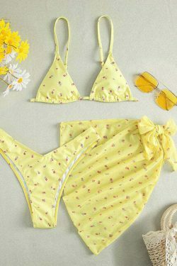 Floral Print 3-Piece Bikini Set: Y2K Fashion, Coquette & Grunge Aesthetic, Cute Tops, Pastel Goth