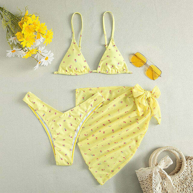 Floral Print 3-Piece Bikini Set: Y2K Fashion, Coquette & Grunge Aesthetic, Cute Tops, Pastel Goth
