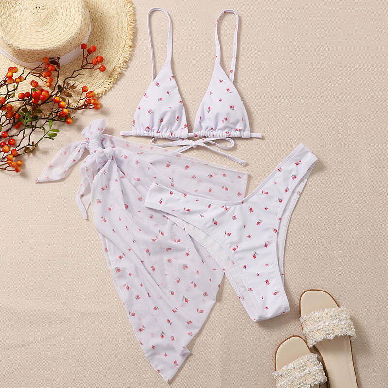 Floral Print 3-Piece Bikini Set: Y2K Fashion, Coquette & Grunge Aesthetic, Cute Tops, Pastel Goth