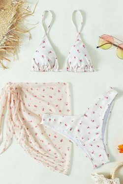 Floral Print 3-Piece Bikini Set: Y2K Fashion, Coquette & Grunge Aesthetic, Cute Tops, Pastel Goth