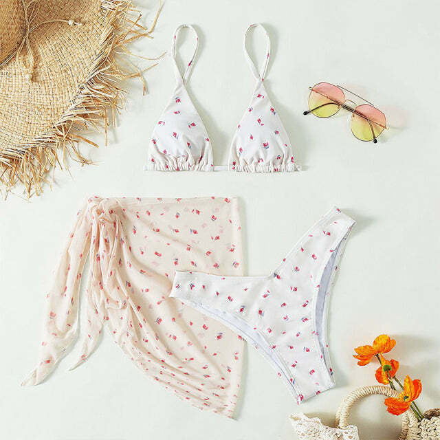 Floral Print 3-Piece Bikini Set: Y2K Fashion, Coquette & Grunge Aesthetic, Cute Tops, Pastel Goth