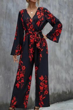 Floral Print Belted Wide Leg Jumpsuit in Y2K Fashion Aesthetic