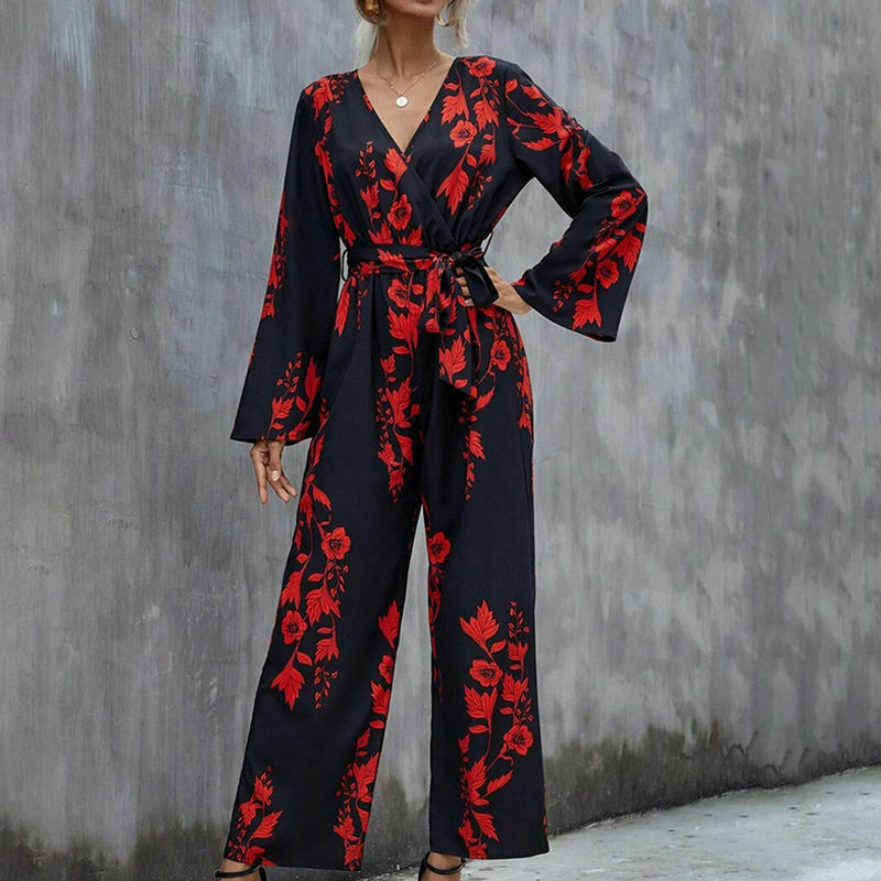 Floral Print Belted Wide Leg Jumpsuit in Y2K Fashion Aesthetic Floral Print Belted Wide Leg Jumpsuit in Y2K Fashion Aesthetic