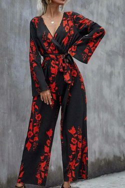Floral Print Belted Wide Leg Jumpsuit in Y2K Fashion Aesthetic