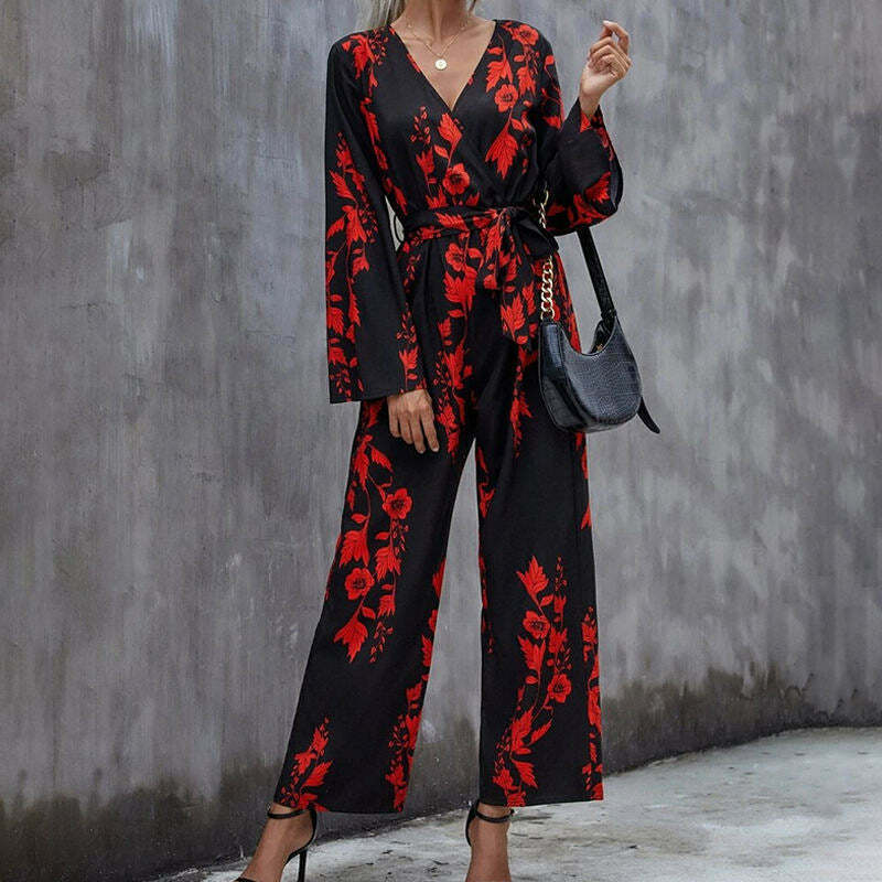 Floral Print Belted Wide Leg Jumpsuit in Y2K Fashion Aesthetic Floral Print Belted Wide Leg Jumpsuit in Y2K Fashion Aesthetic