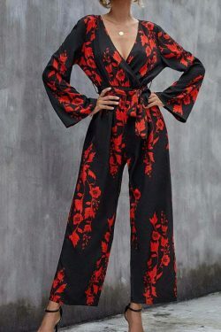 Floral Print Belted Wide Leg Jumpsuit in Y2K Fashion Aesthetic