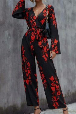 Floral Print Belted Wide Leg Jumpsuit in Y2K Fashion Aesthetic