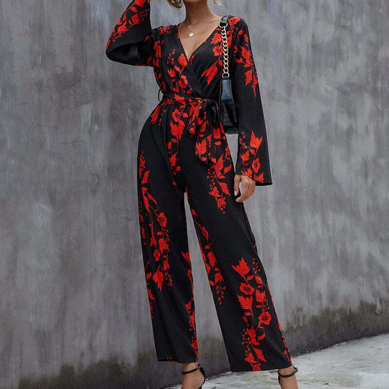 Floral Print Belted Wide Leg Jumpsuit in Y2K Fashion Aesthetic Floral Print Belted Wide Leg Jumpsuit in Y2K Fashion Aesthetic