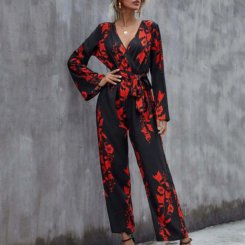 Floral Print Belted Wide Leg Jumpsuit in Y2K Fashion Aesthetic Floral Print Belted Wide Leg Jumpsuit in Y2K Fashion Aesthetic