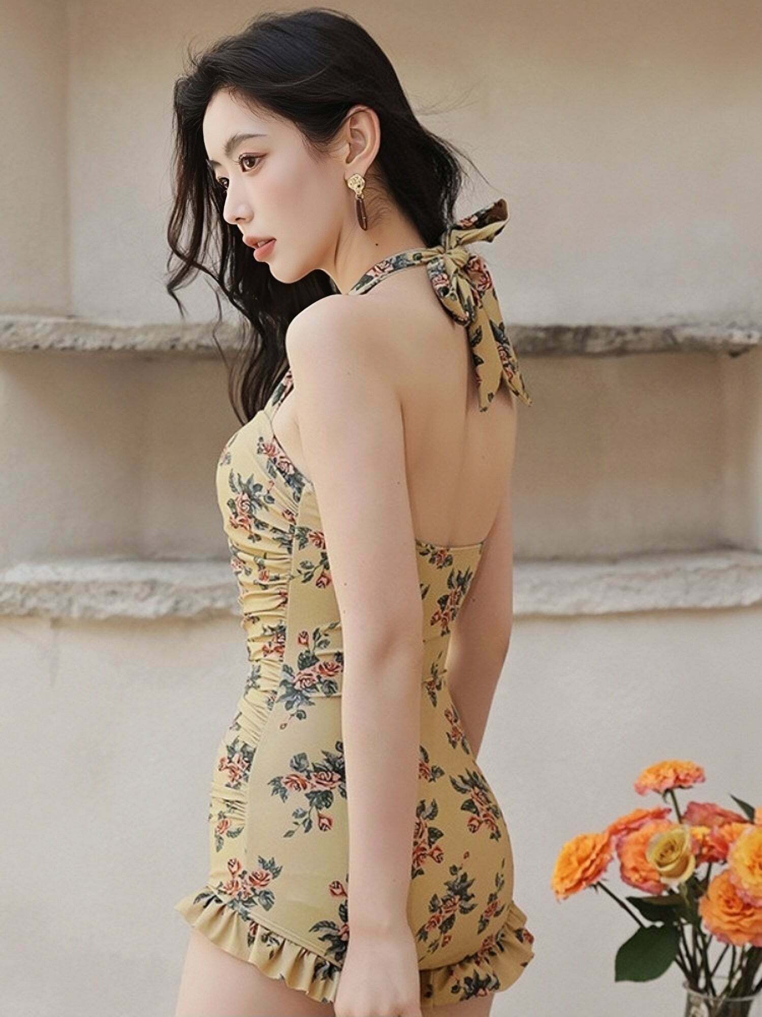 Floral Print Bikini Swimsuit Set with Matching Beach Skirt - Y2K Fashion Aesthetic Floral Print Bikini Swimsuit Set with Matching Beach Skirt - Y2K Fashion Aesthetic