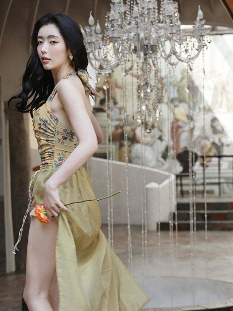 Floral Print Bikini Swimsuit Set with Matching Beach Skirt - Y2K Fashion Aesthetic Floral Print Bikini Swimsuit Set with Matching Beach Skirt - Y2K Fashion Aesthetic