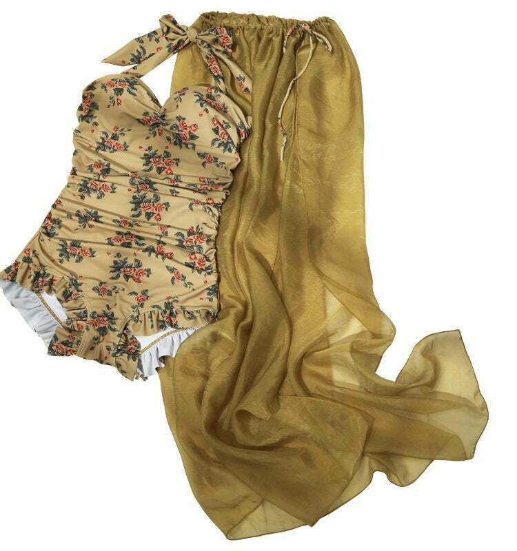 Floral Print Bikini Swimsuit Set with Matching Beach Skirt - Y2K Fashion Aesthetic Floral Print Bikini Swimsuit Set with Matching Beach Skirt - Y2K Fashion Aesthetic