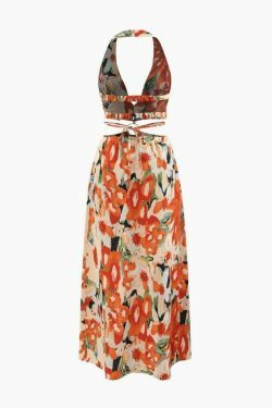 Floral Print Halter Cut Out Slit Midi Dress - Y2K Fashion Coquette Aesthetic Grunge Style