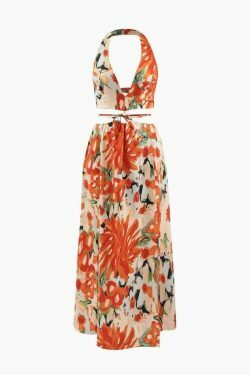 Floral Print Halter Cut Out Slit Midi Dress - Y2K Fashion Coquette Aesthetic Grunge Style