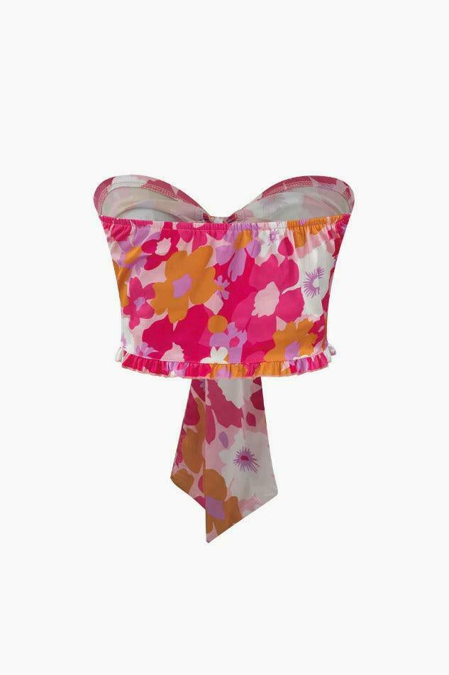 Floral Print Knot Tube Top & Frill Maxi Skirt Set - Y2K Coquette