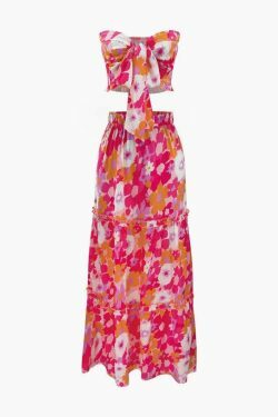 Floral Print Knot Tube Top & Frill Maxi Skirt Set - Y2K Coquette