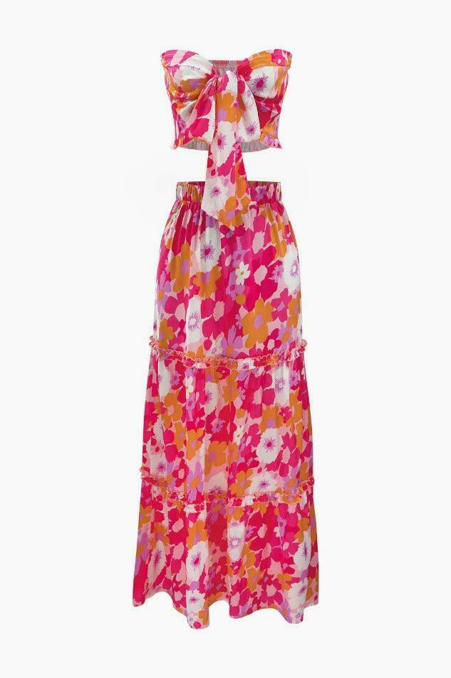 Floral Print Knot Tube Top & Frill Maxi Skirt Set - Y2K Coquette