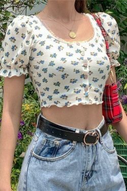 Floral Print Lace Crop Top - Y2K Aesthetic Cute Top for Women