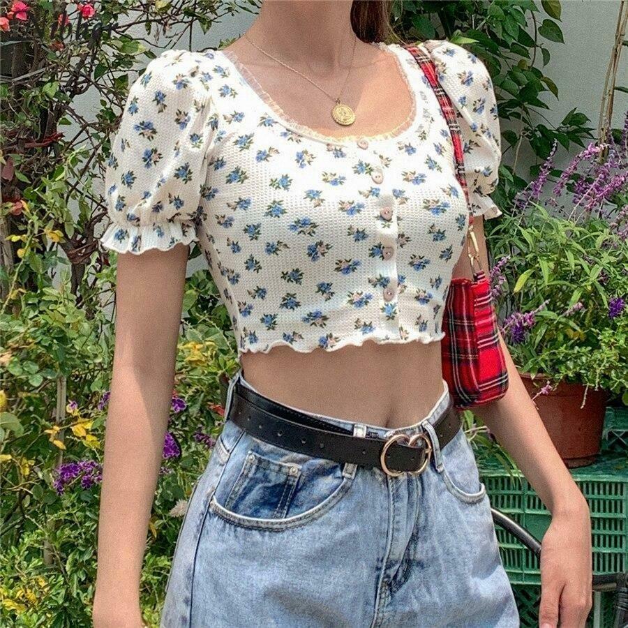 Floral Print Lace Crop Top - Y2K Aesthetic Cute Top for Women