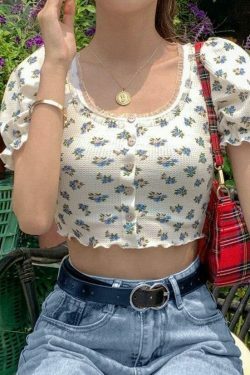Floral Print Lace Crop Top - Y2K Aesthetic Cute Top for Women