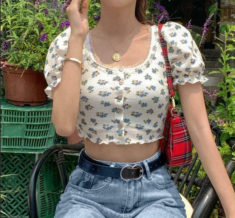 Floral Print Lace Crop Top - Y2K Aesthetic Cute Top for Women