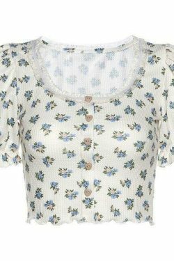 Floral Print Lace Crop Top - Y2K Aesthetic Cute Top for Women