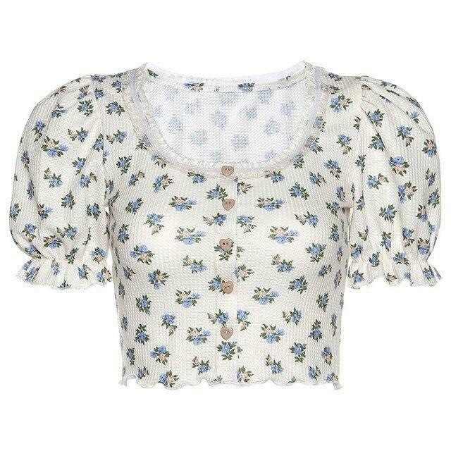 Floral Print Lace Crop Top - Y2K Aesthetic Cute Top for Women