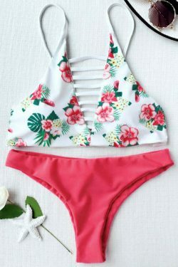 Floral Print Lattice Strappy Bikini Set - Y2K Fashion Swimwear with Coquette & Grunge Aesthetic