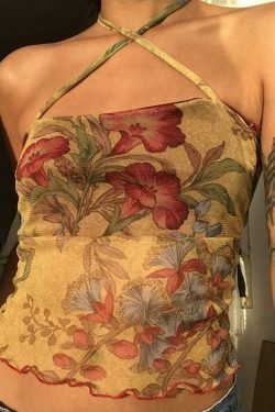 Floral Print Lettuce-Edge Crop Halter Top - Y2K Fashion Aesthetic for Women