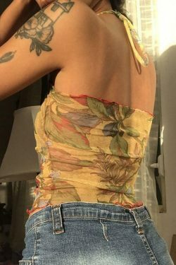 Floral Print Lettuce-Edge Crop Halter Top - Y2K Fashion Aesthetic for Women