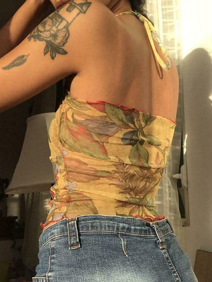 Floral Print Lettuce-Edge Crop Halter Top - Y2K Fashion Aesthetic for Women