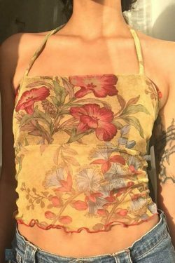 Floral Print Lettuce-Edge Crop Halter Top - Y2K Fashion Aesthetic for Women