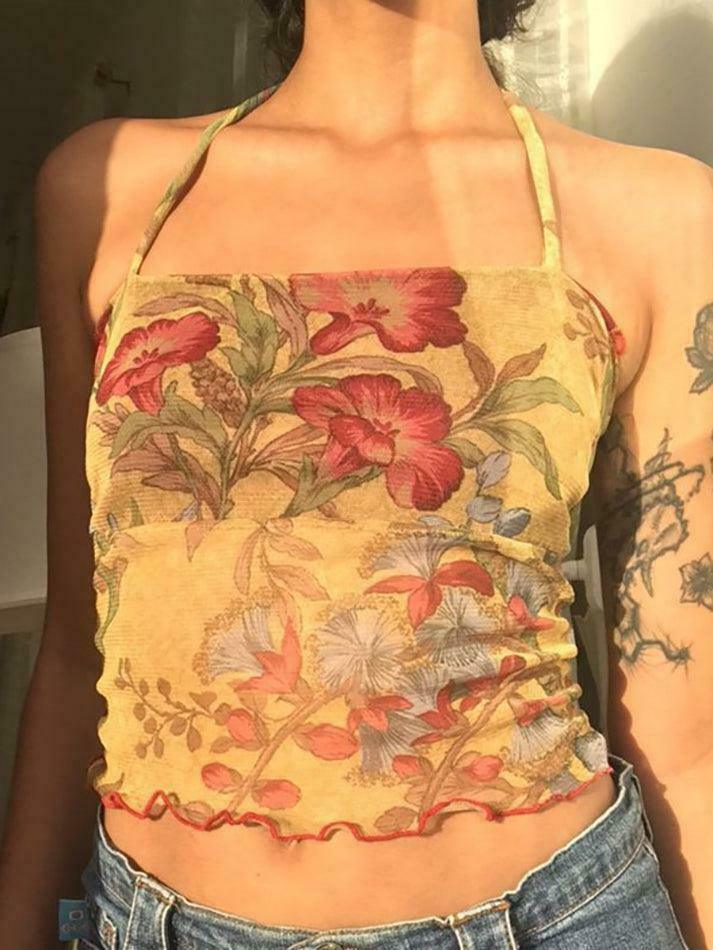 Floral Print Lettuce-Edge Crop Halter Top - Y2K Fashion Aesthetic for Women
