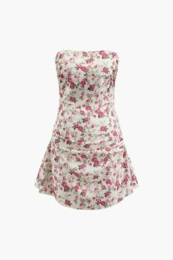 Floral Print Pleated Mini Dress: Y2K Fashion Strapless Coquette Aesthetic Outfit