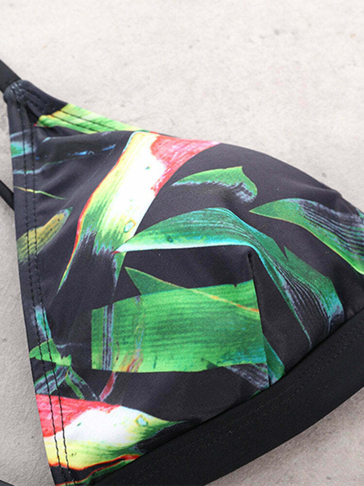 Floral Print Thong Bikini Set with Padded Triangle Top - Y2K Fashion Swimwear Floral Print Thong Bikini Set with Padded Triangle Top - Y2K Fashion Swimwear