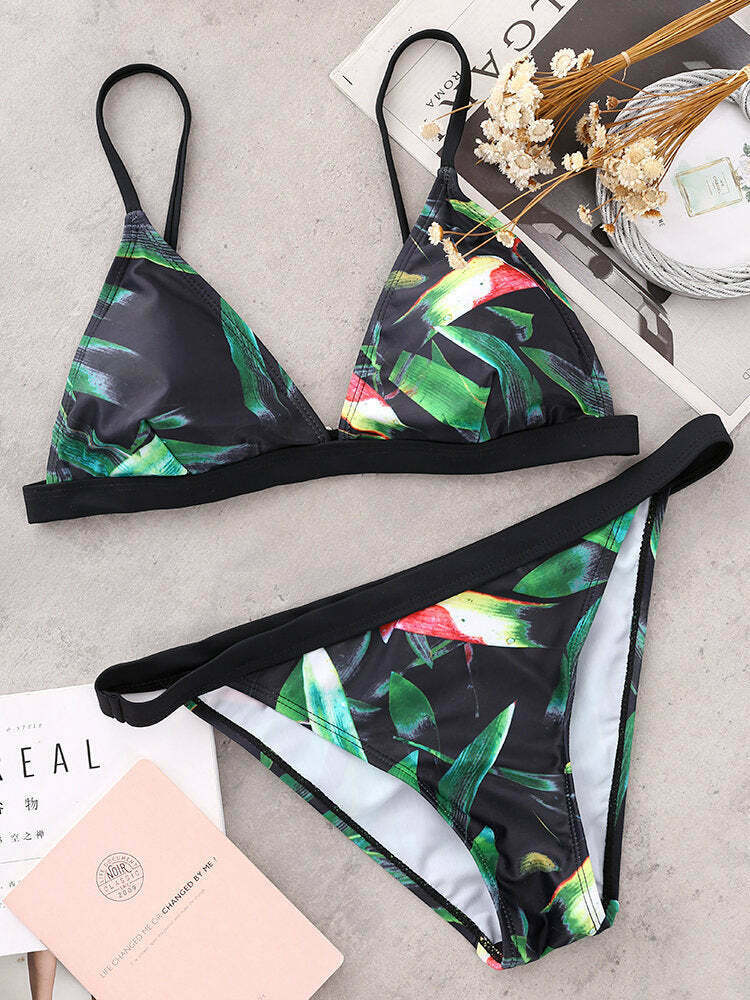 Floral Print Thong Bikini Set with Padded Triangle Top - Y2K Fashion Swimwear Floral Print Thong Bikini Set with Padded Triangle Top - Y2K Fashion Swimwear