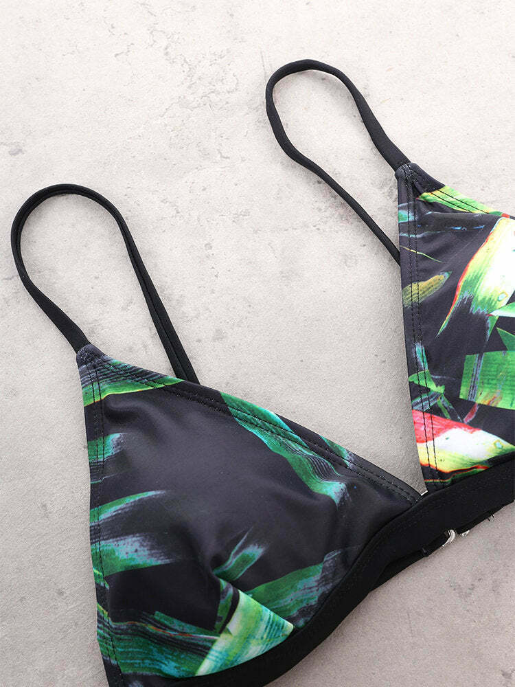 Floral Print Thong Bikini Set with Padded Triangle Top - Y2K Fashion Swimwear Floral Print Thong Bikini Set with Padded Triangle Top - Y2K Fashion Swimwear