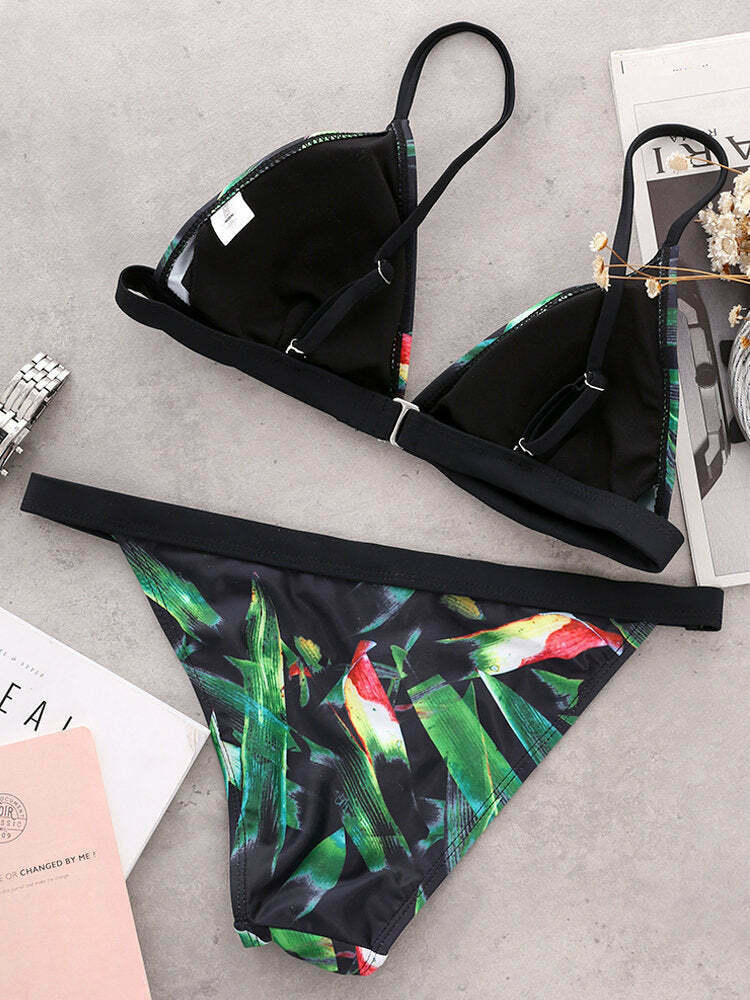 Floral Print Thong Bikini Set with Padded Triangle Top - Y2K Fashion Swimwear Floral Print Thong Bikini Set with Padded Triangle Top - Y2K Fashion Swimwear
