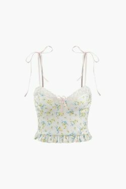 Floral Print Tie Strap Cami Top - Y2K Fashion Aesthetic for Women - Coquette Style Grunge Outfit