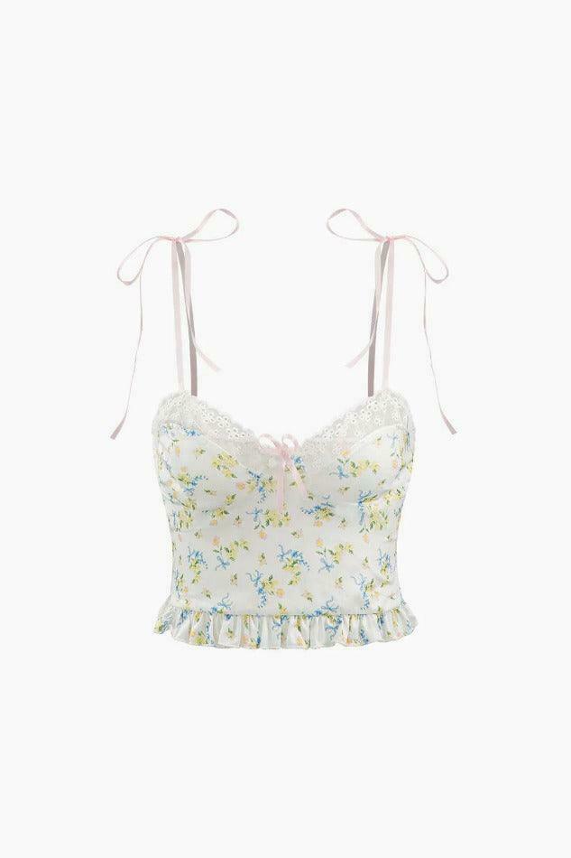 Floral Print Tie Strap Cami Top - Y2K Fashion Aesthetic for Women - Coquette Style Grunge Outfit