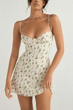 Floral Print Y2K Mini Dress in Green - Coquette Aesthetic for Women's Fashion