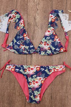 Floral Printed Bikini Set: Lotus Leaf Shoulder Strap Swimsuit for Y2K Fashion Enthusiasts