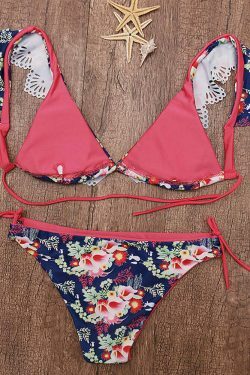 Floral Printed Bikini Set: Lotus Leaf Shoulder Strap Swimsuit for Y2K Fashion Enthusiasts