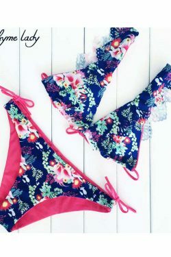 Floral Printed Bikini Set: Lotus Leaf Shoulder Strap Swimsuit for Y2K Fashion Enthusiasts