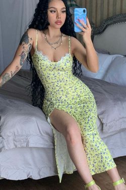 Floral Slit Suspender Dress: Y2K Fashion with a Coquette Aesthetic