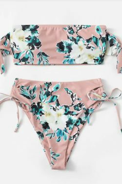 Flower Print Tie Shoulder High Cut Bikini - Y2K Fashion Swimwear for Women