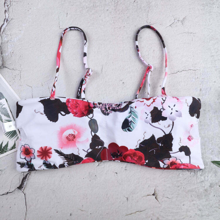Flower Print Tied Shoulder Bikini for Y2K Fashion Enthusiasts - Coquette Aesthetic Swimwear Flower Print Tied Shoulder Bikini for Y2K Fashion Enthusiasts - Coquette Aesthetic Swimwear