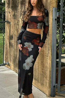 Flower Print Two Piece Suit for Women - Y2K Fashion Coquette Aesthetic Grunge Style Cargo Skirt