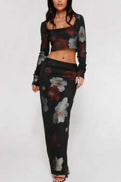 Flower Print Two Piece Suit for Women - Y2K Fashion Coquette Aesthetic Grunge Style Cargo Skirt